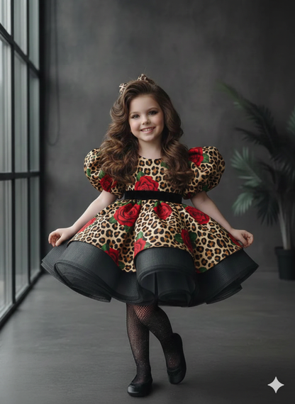 Ruth Elegant Animal Print Gown – Premium Taffeta and Rich Voluminous Tulle Ruffles