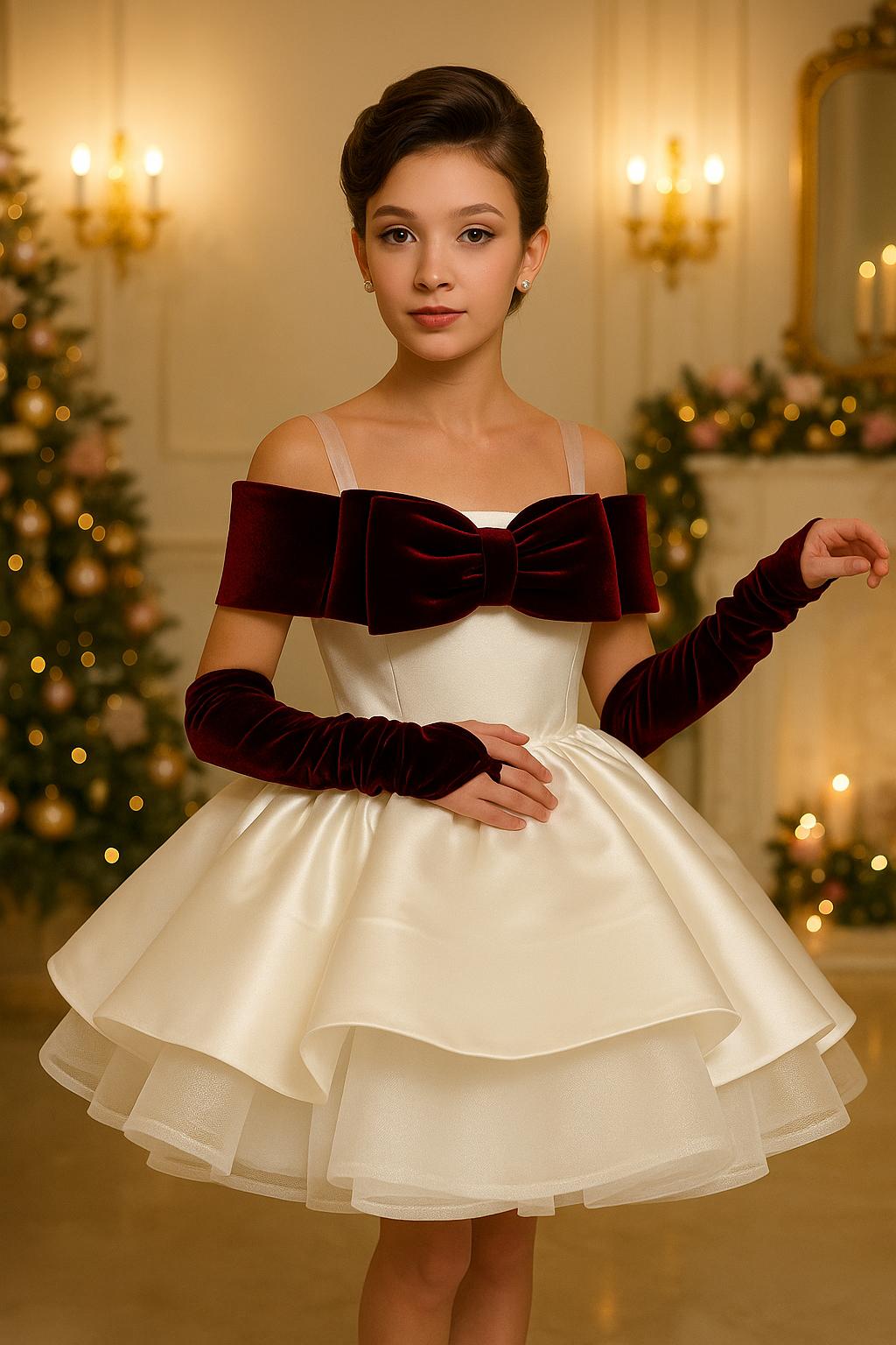 Norah Elegant White Gown – Premium Taffeta &amp; Tulle with Contrast Burgundy Velvet Shoulder Bow