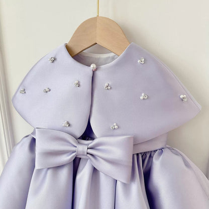 Quinn Elegant Lilac Gown – Premium Mikado Taffeta with Detachable Cape Collar and Hand-Stitched Pearls
