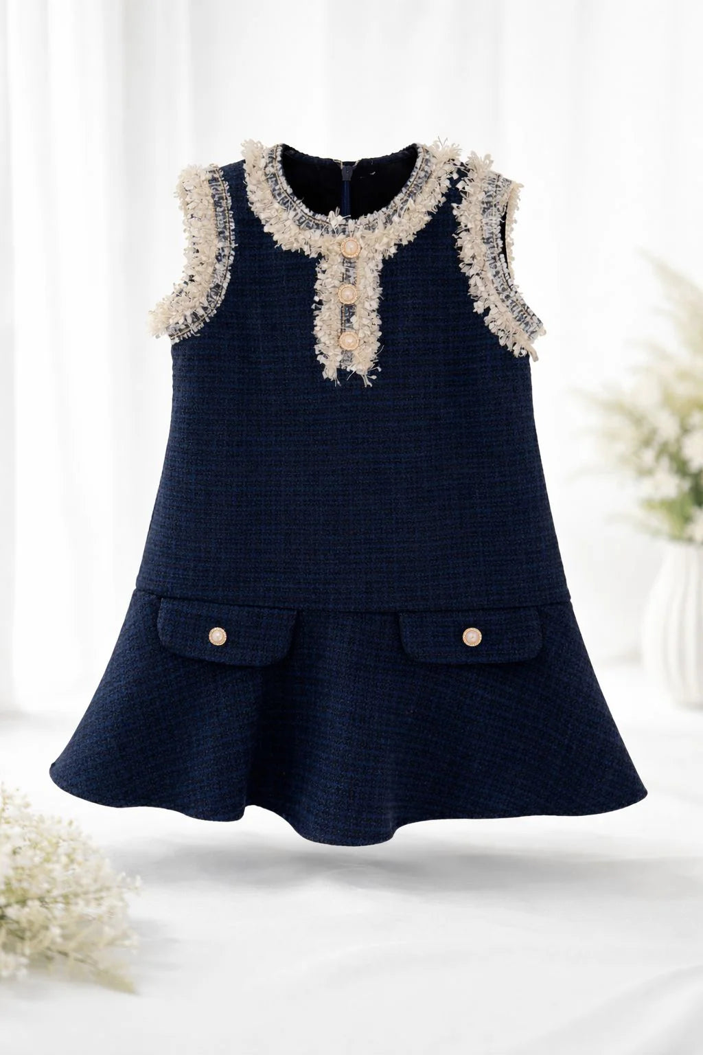 Roya Smart-Casual Gown – Premium Wool &amp; Cotton Blend with Decorative Buttons &amp; Elegant Trim