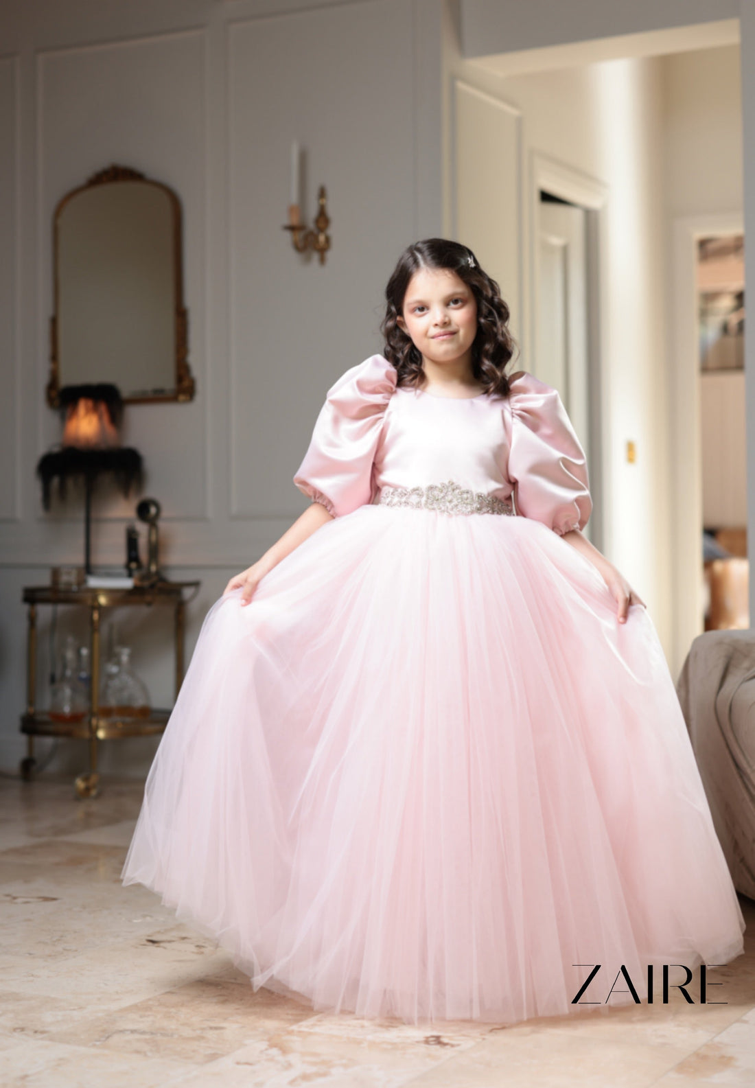 Stephanie Long Pink Gala Dress for Girls – Taffeta, Tulle, and Puff-Sleeve Elegance