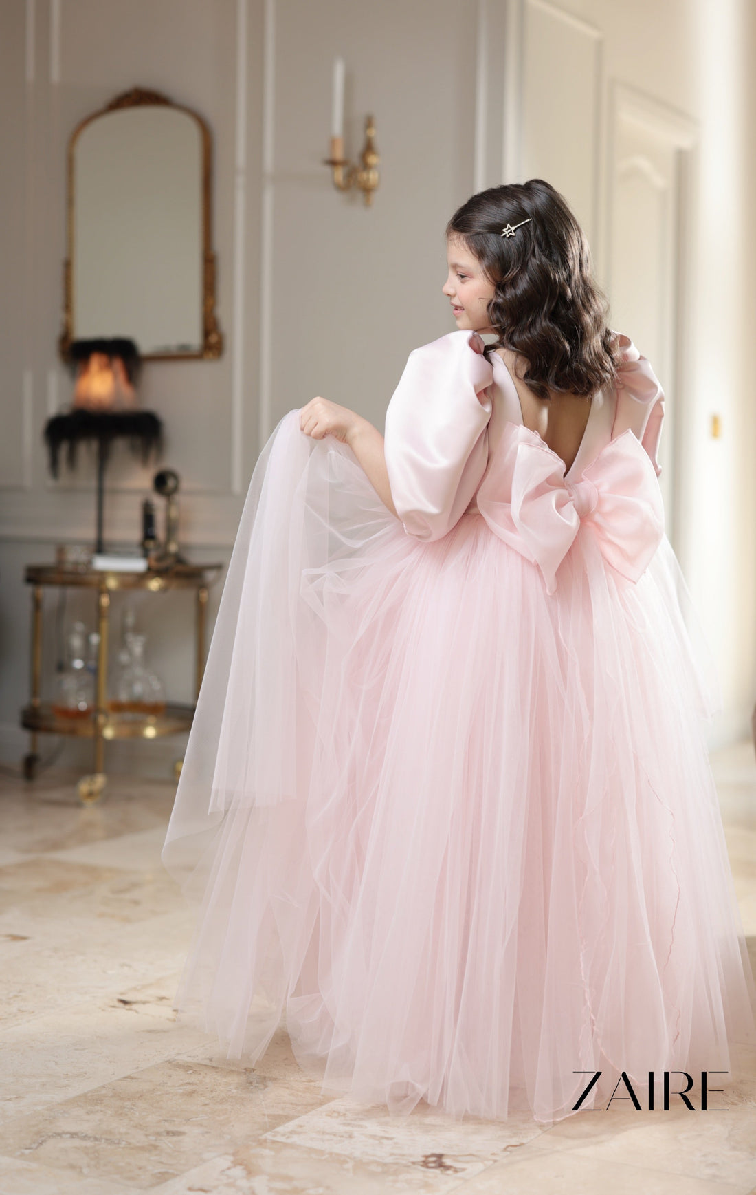 Stephanie Long Pink Gala Dress for Girls – Taffeta, Tulle, and Puff-Sleeve Elegance