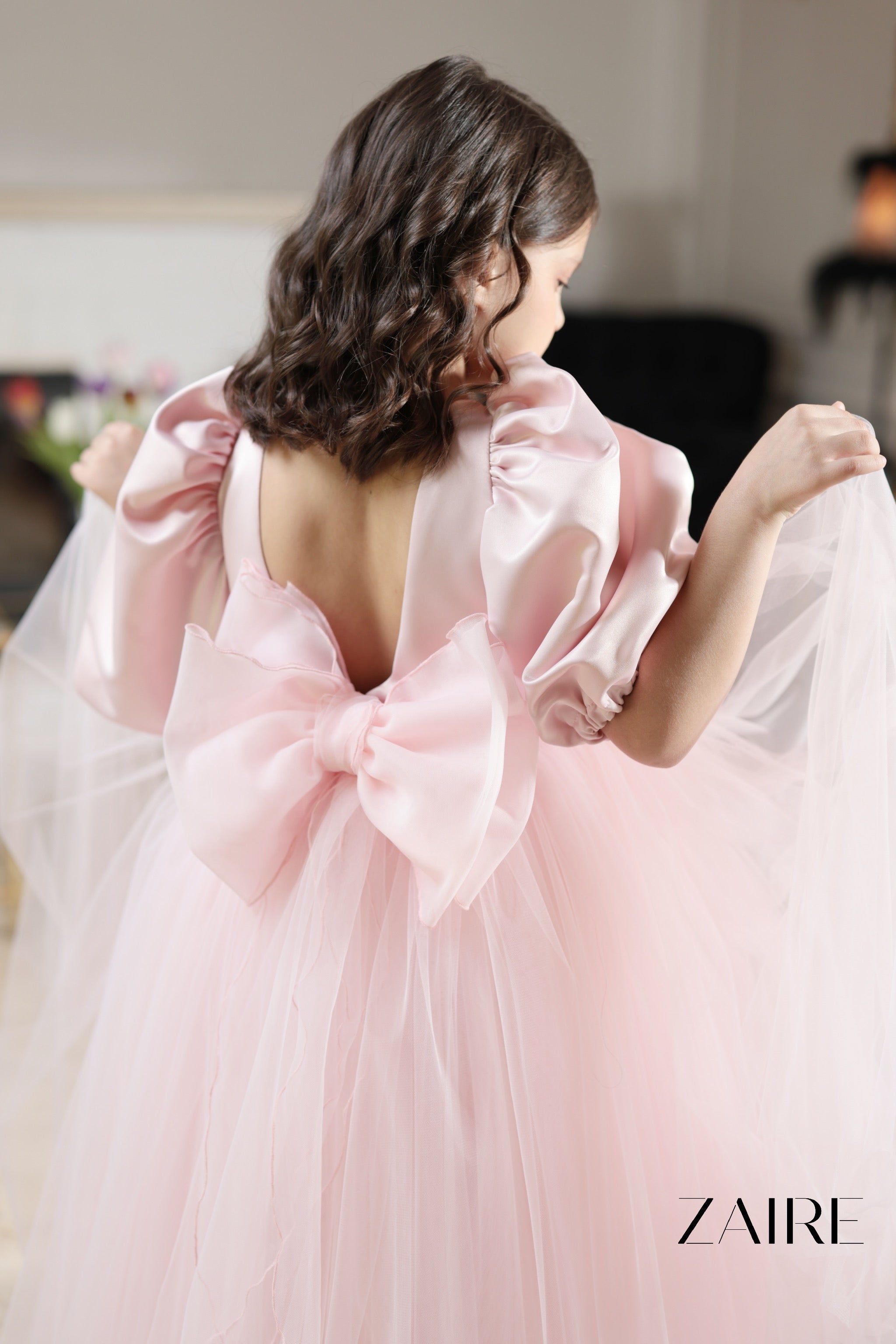 Stephanie Long Pink Gala Dress for Girls – Taffeta, Tulle, and Puff-Sleeve Elegance