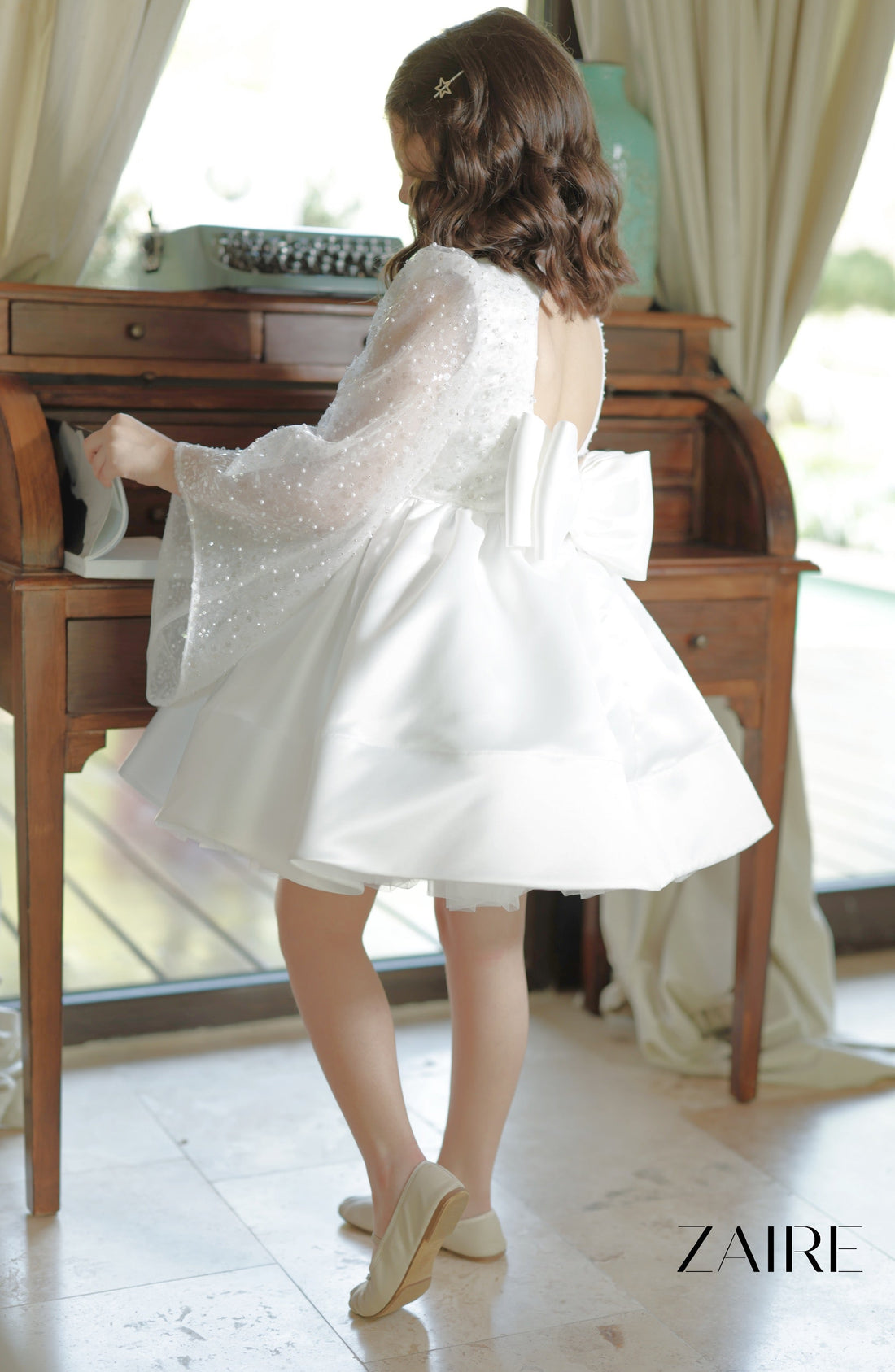 Scarlett Elegant White Ceremony Dress – Precious Lace with Sequins and Bell Sleeves