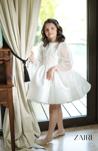 Scarlett Elegant White Ceremony Dress – Precious Lace with Sequins and Bell Sleeves