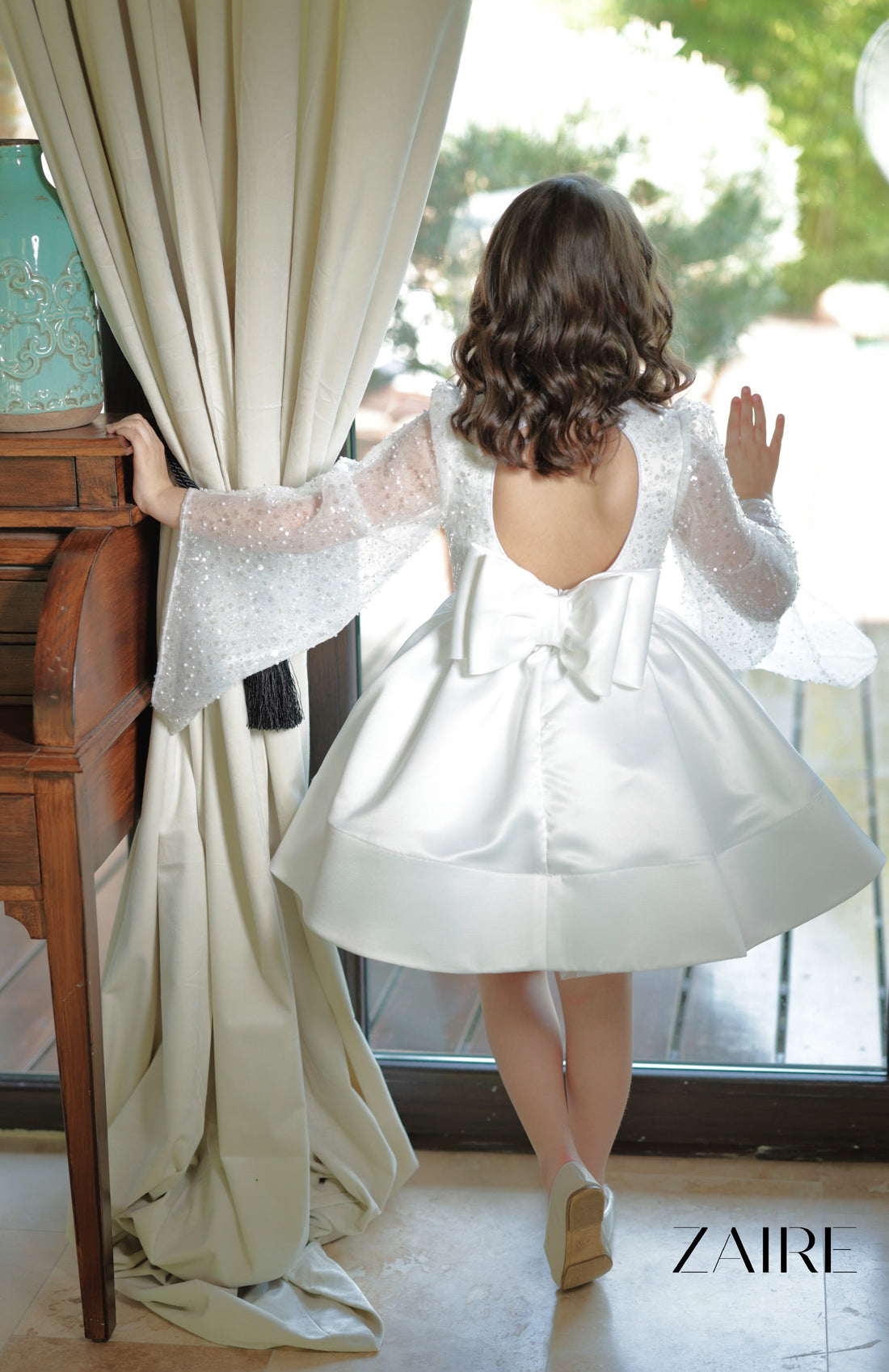 Scarlett Elegant White Ceremony Dress – Precious Lace with Sequins and Bell Sleeves