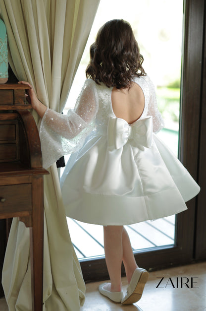 Scarlett Elegant White Ceremony Dress – Precious Lace with Sequins and Bell Sleeves