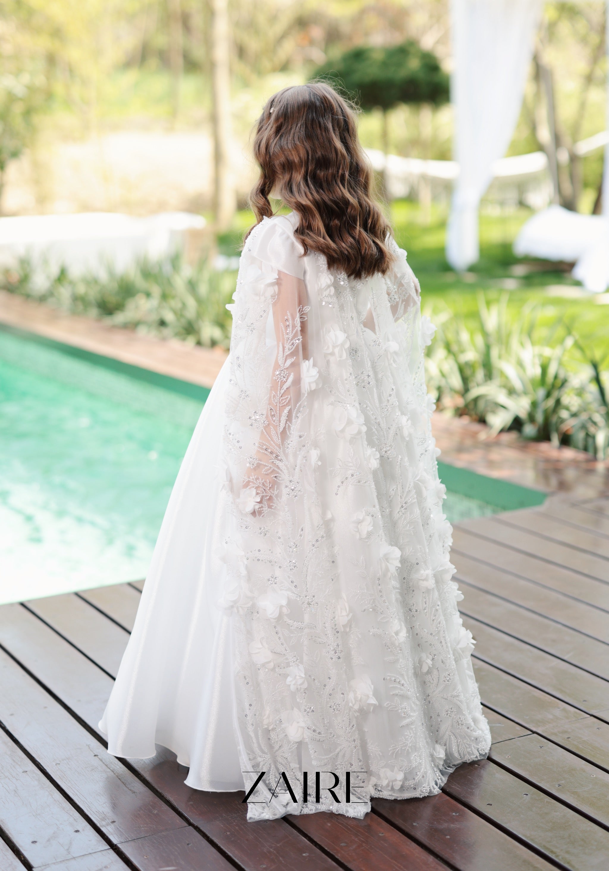 Anastasia Long White Princess Gown for Girls – Organza Skirt and Detachable 3D Floral Lace Cape