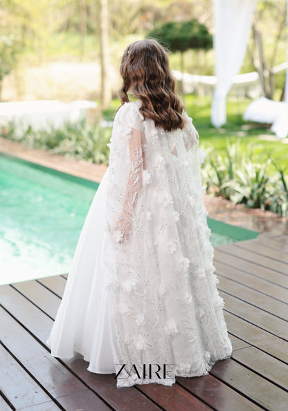 Anastasia Long White Princess Gown for Girls – Organza Skirt and Detachable 3D Floral Lace Cape