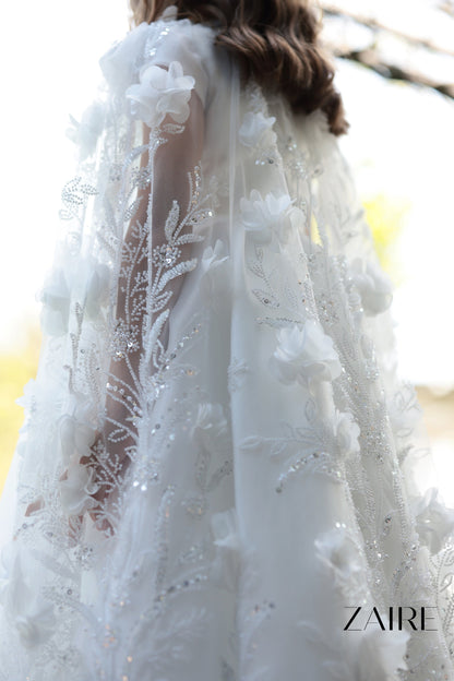 Anastasia Long White Princess Gown for Girls – Organza Skirt and Detachable 3D Floral Lace Cape