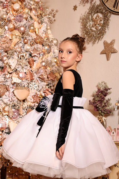 Josephine Black Velvet &amp; White Organza Gala Dress – Full Set with Gloves and Natural Feathers