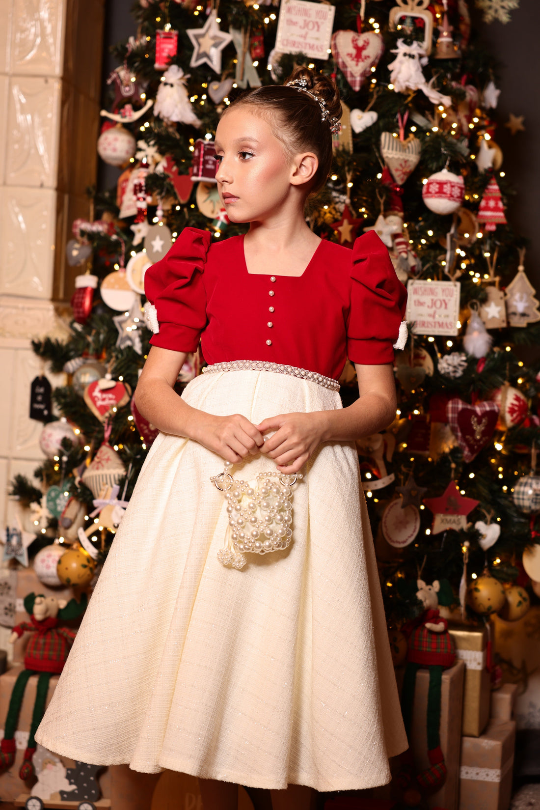 Lina Vintage Beige Tweed &amp; Red Velvet Dress – Adorned with Pearls and Precious Accents