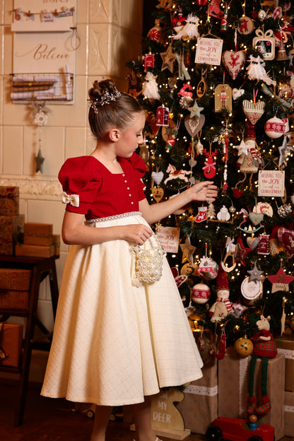 Lina Vintage Beige Tweed &amp; Red Velvet Dress – Adorned with Pearls and Precious Accents