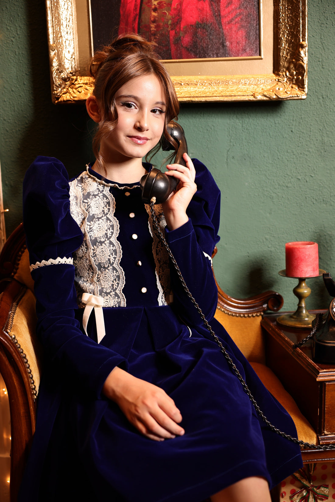 Claris Vintage Blue Velvet Dress for Girls – Accented with Beige Lace and Pearls