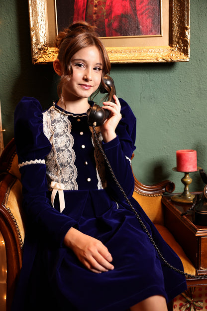 Claris Vintage Blue Velvet Dress for Girls – Accented with Beige Lace and Pearls
