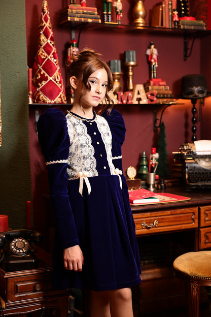 Claris Vintage Blue Velvet Dress for Girls – Accented with Beige Lace and Pearls