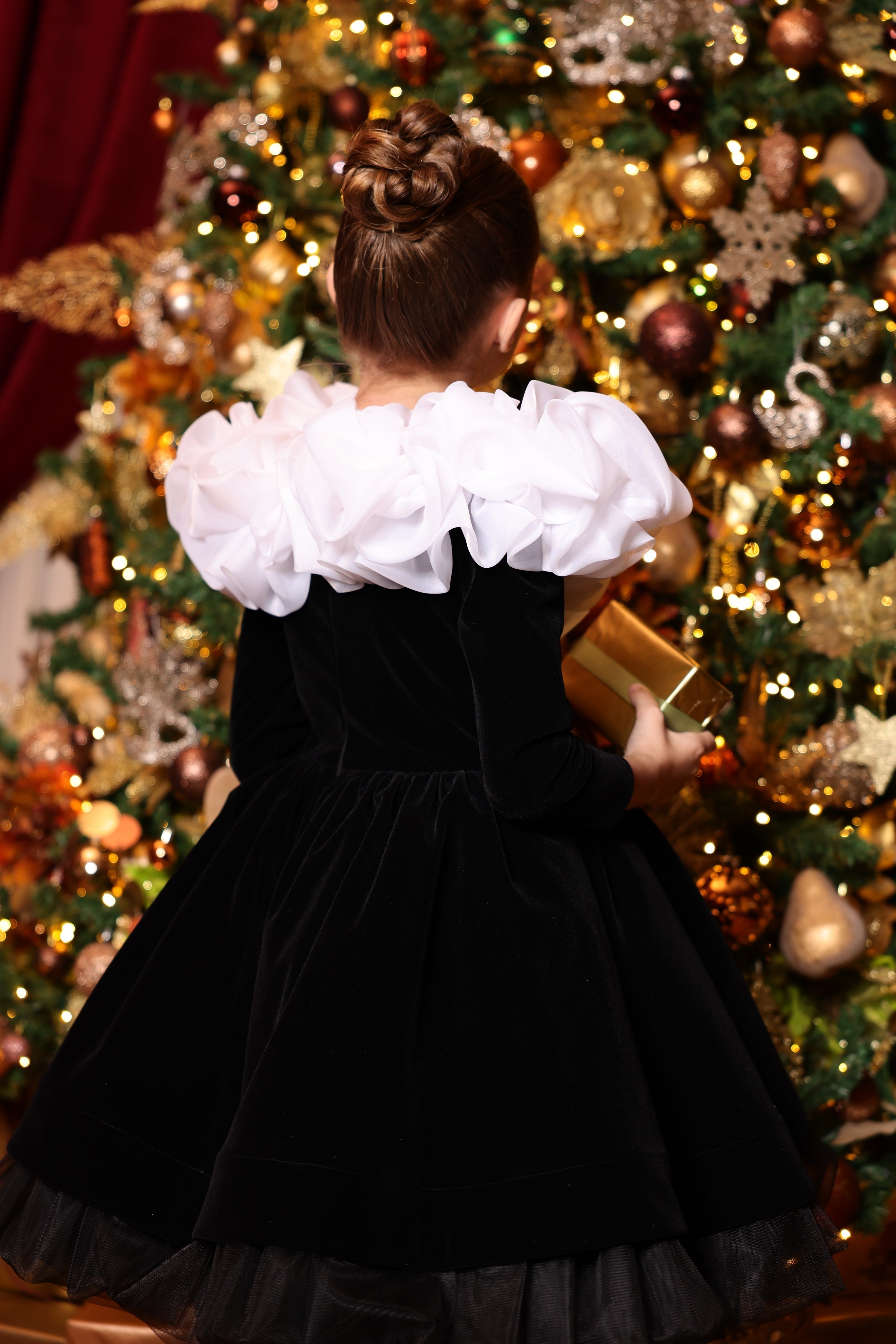 Nancy Elegant Black Velvet Dress for Girls – Dramatic White Organza Ruffle Accent
