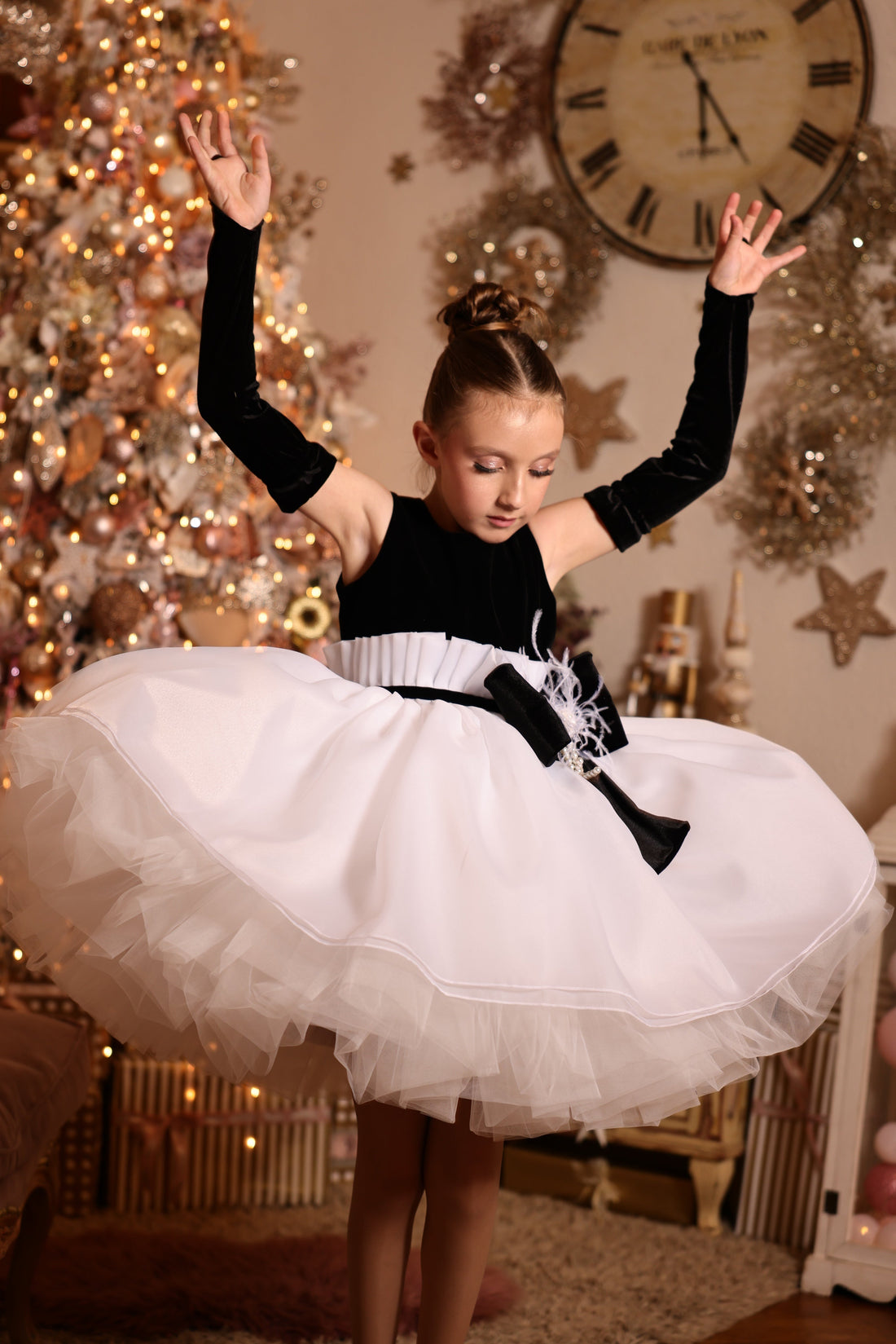 Josephine Black Velvet &amp; White Organza Gala Dress – Full Set with Gloves and Natural Feathers