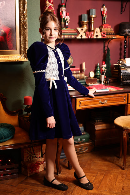 Claris Vintage Blue Velvet Dress for Girls – Accented with Beige Lace and Pearls