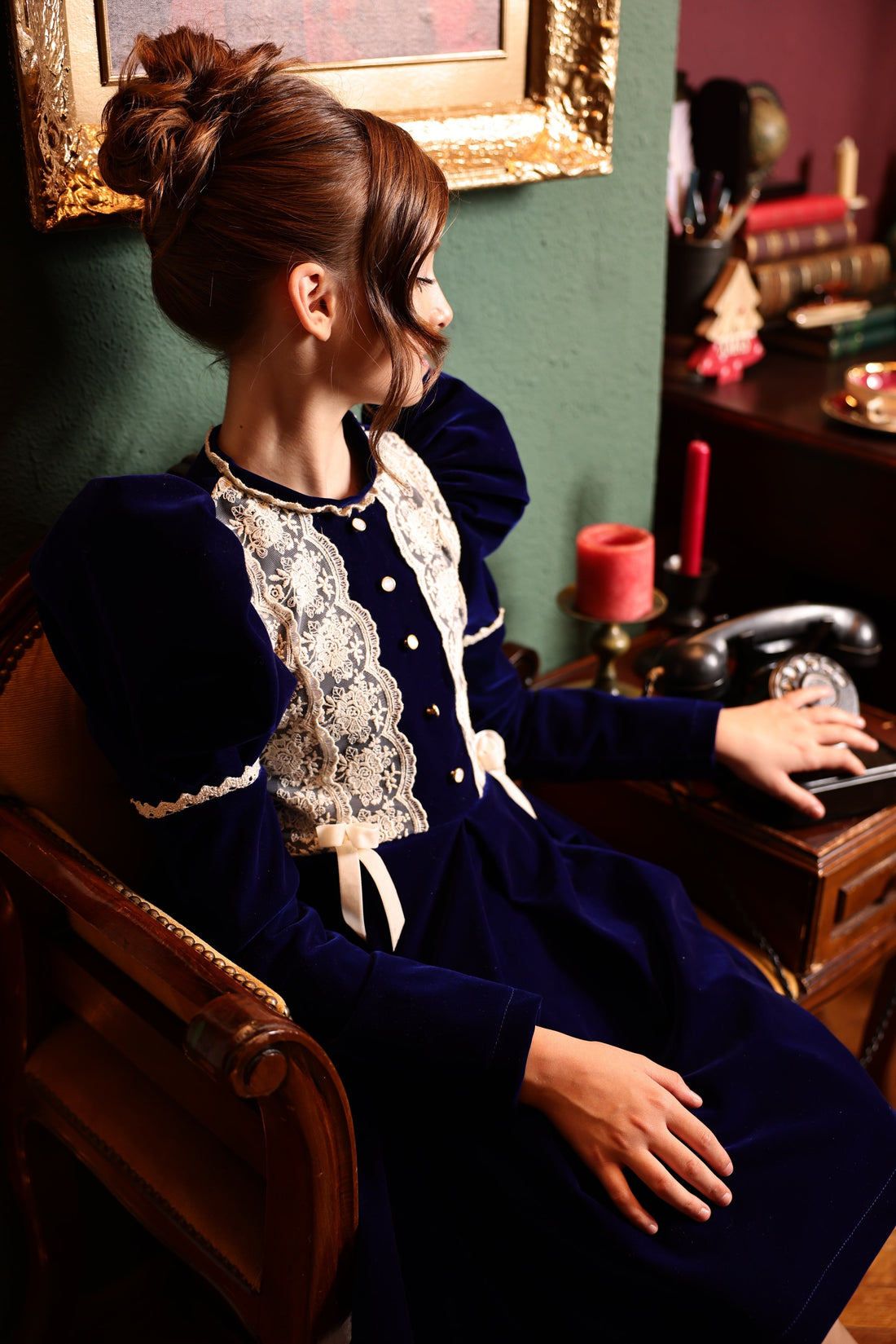 Claris Vintage Blue Velvet Dress for Girls – Accented with Beige Lace and Pearls