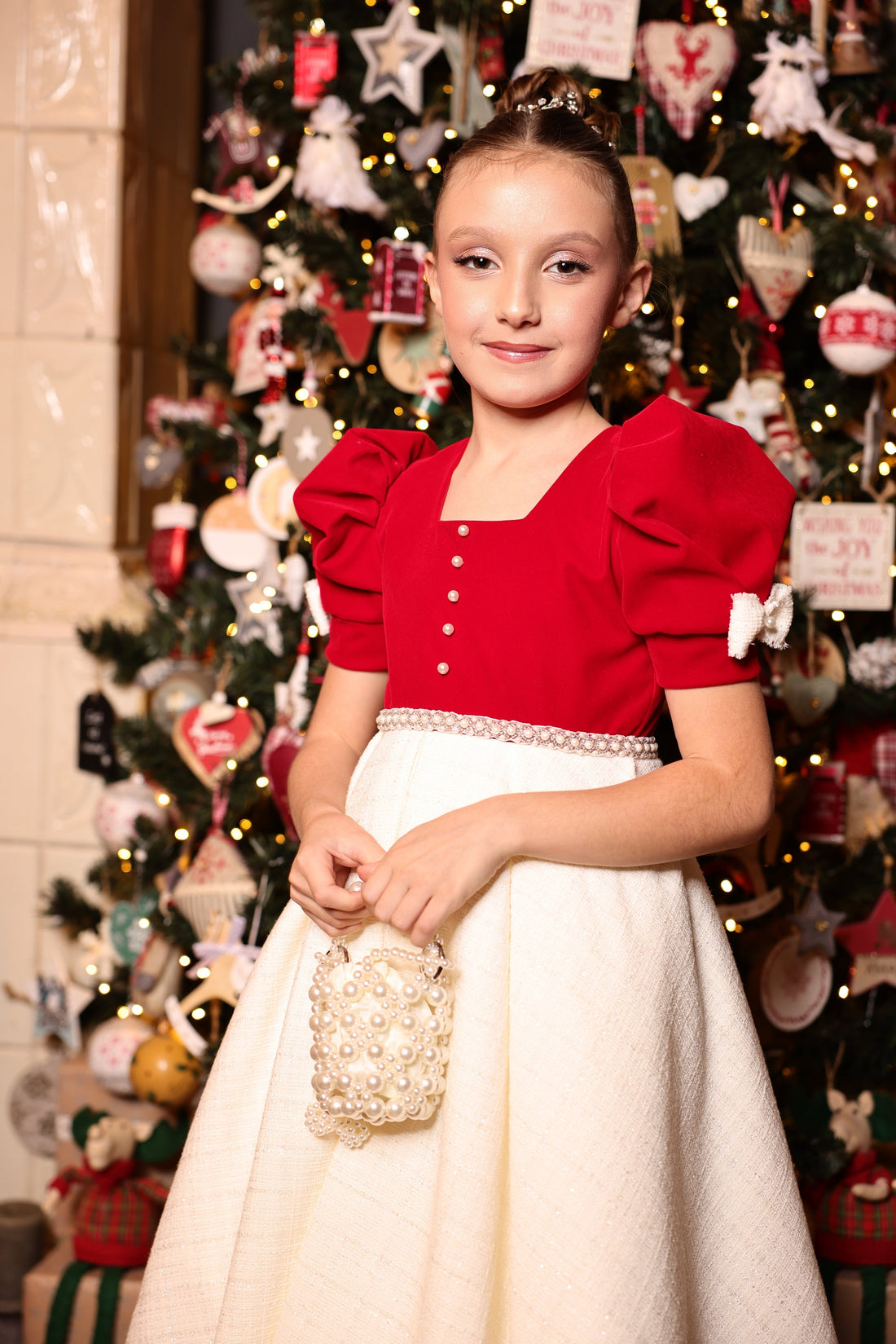 Lina Vintage Beige Tweed &amp; Red Velvet Dress – Adorned with Pearls and Precious Accents