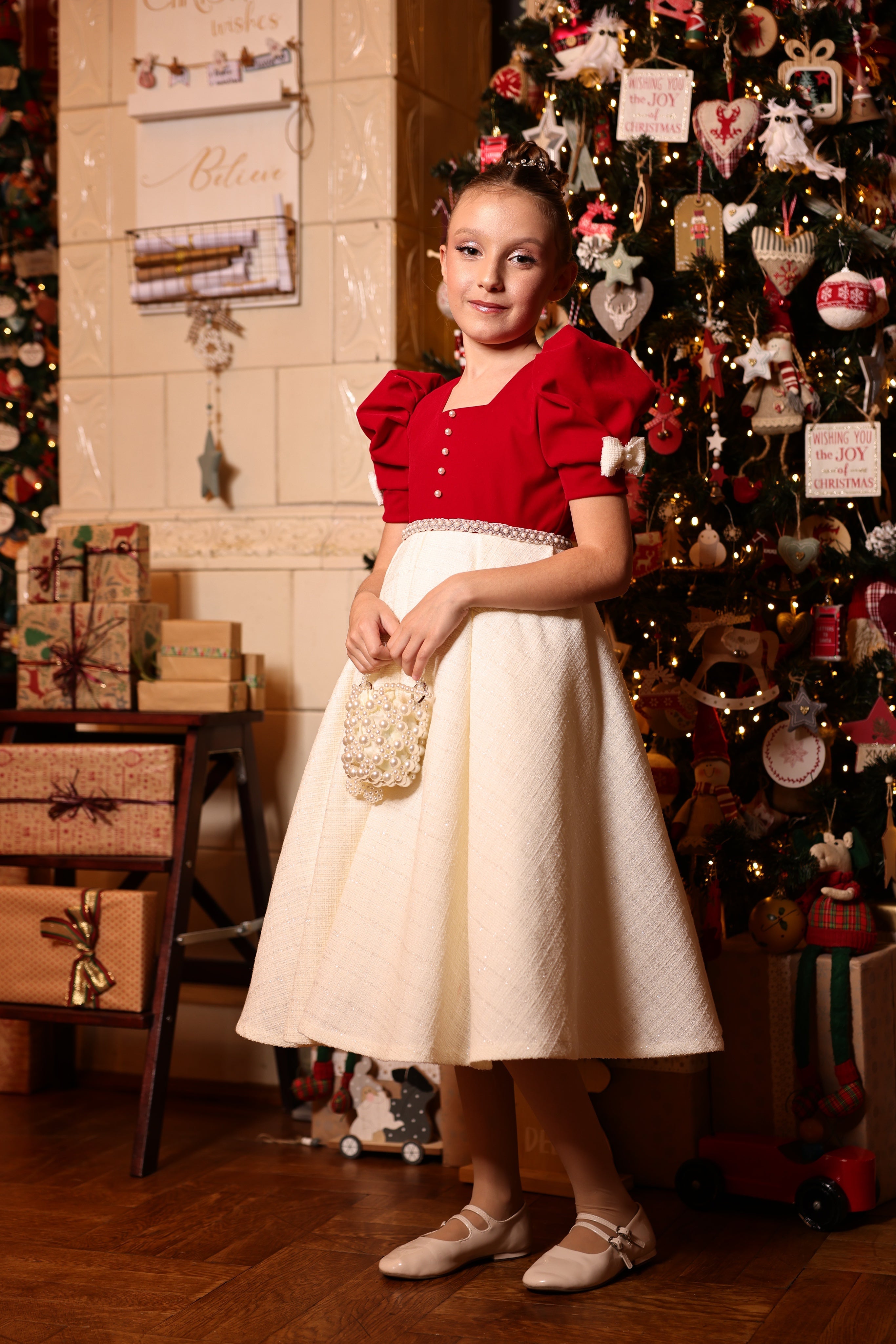 Lina Vintage Beige Tweed &amp; Red Velvet Dress – Adorned with Pearls and Precious Accents