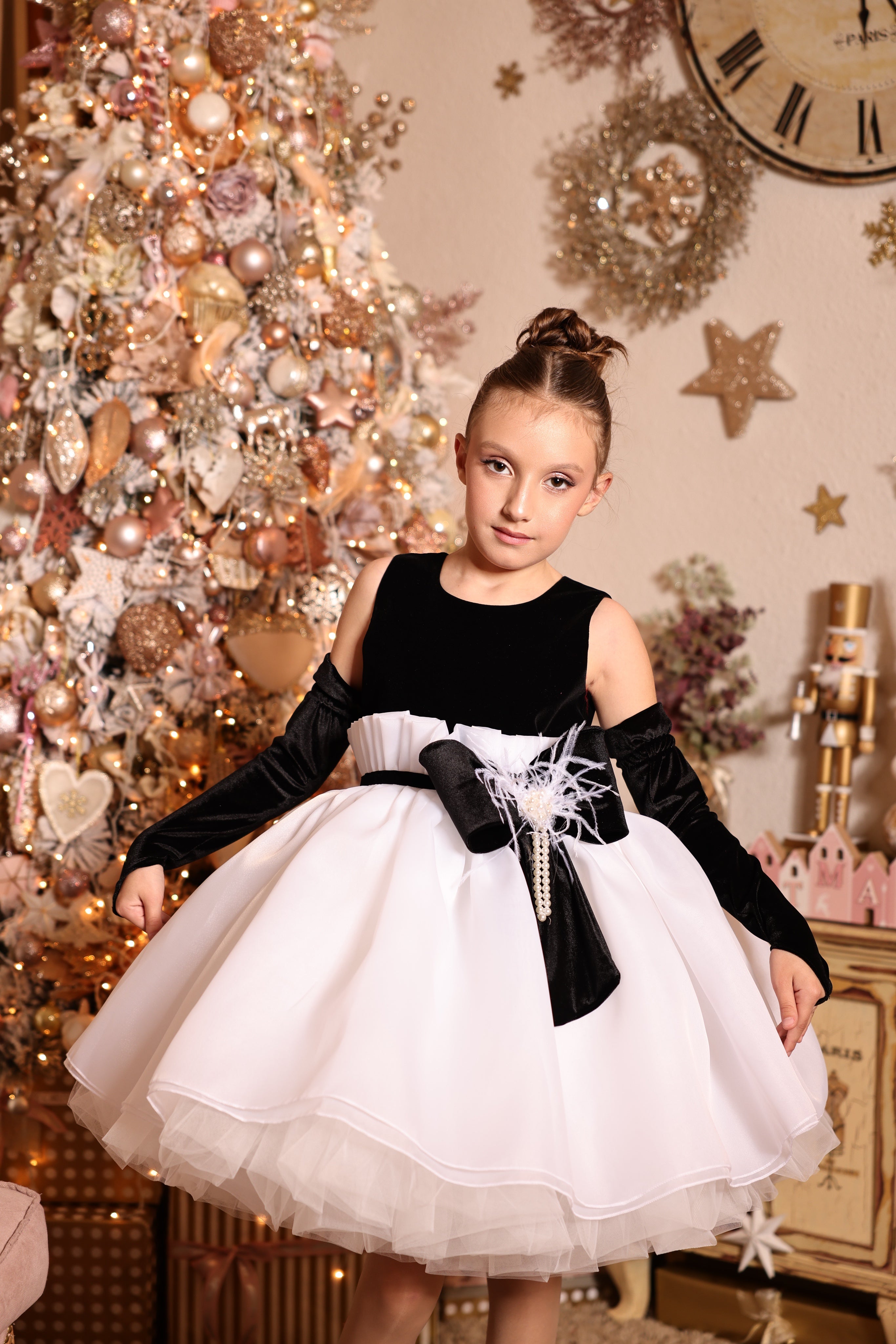 Josephine Black Velvet &amp; White Organza Gala Dress – Full Set with Gloves and Natural Feathers