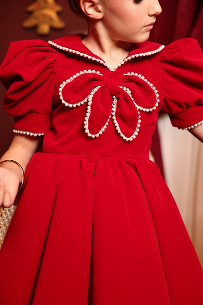 Zayla Elegant Red Velvet and White Tulle Dress – Pearl and Bow Accents