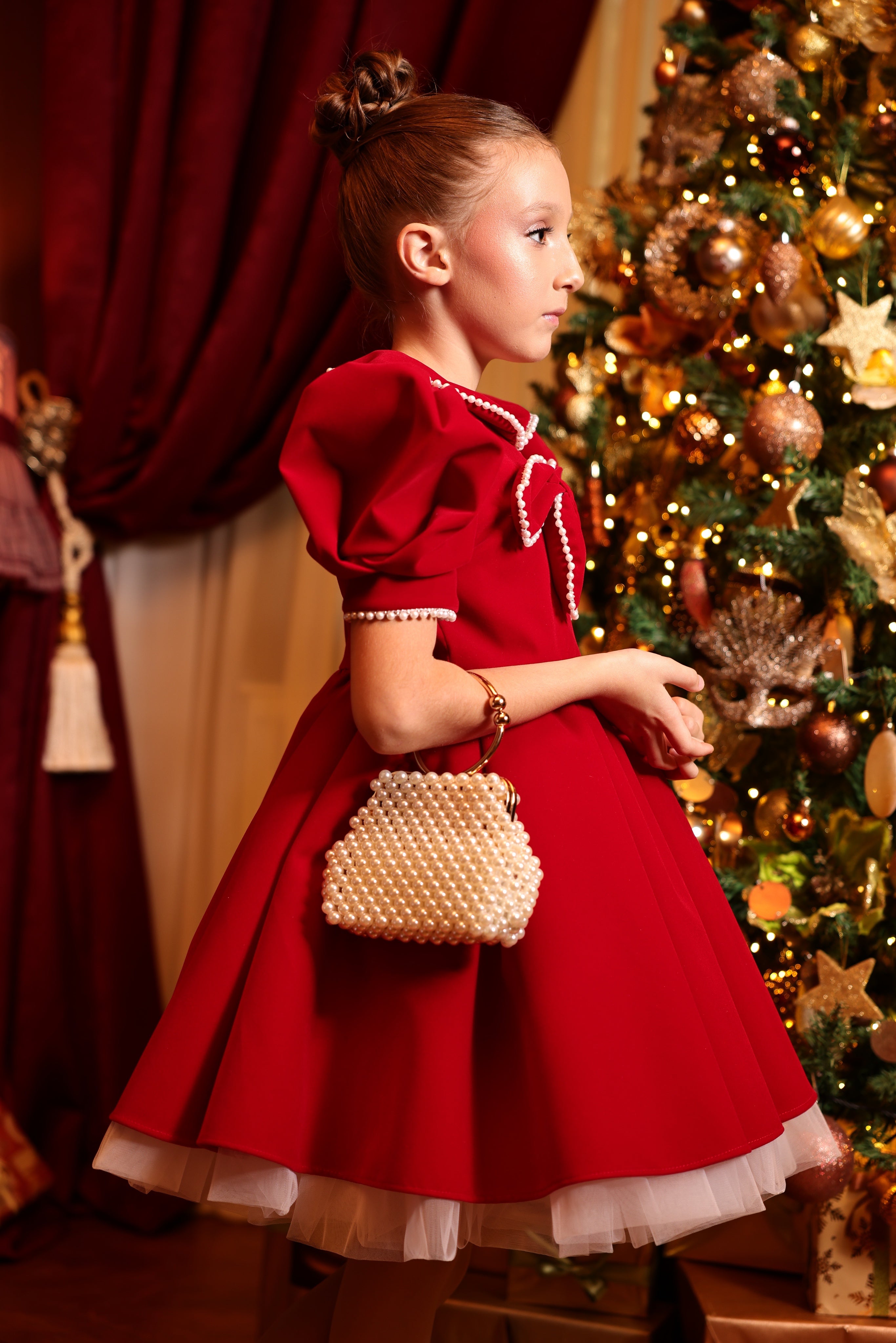 Zayla Elegant Red Velvet and White Tulle Dress – Pearl and Bow Accents