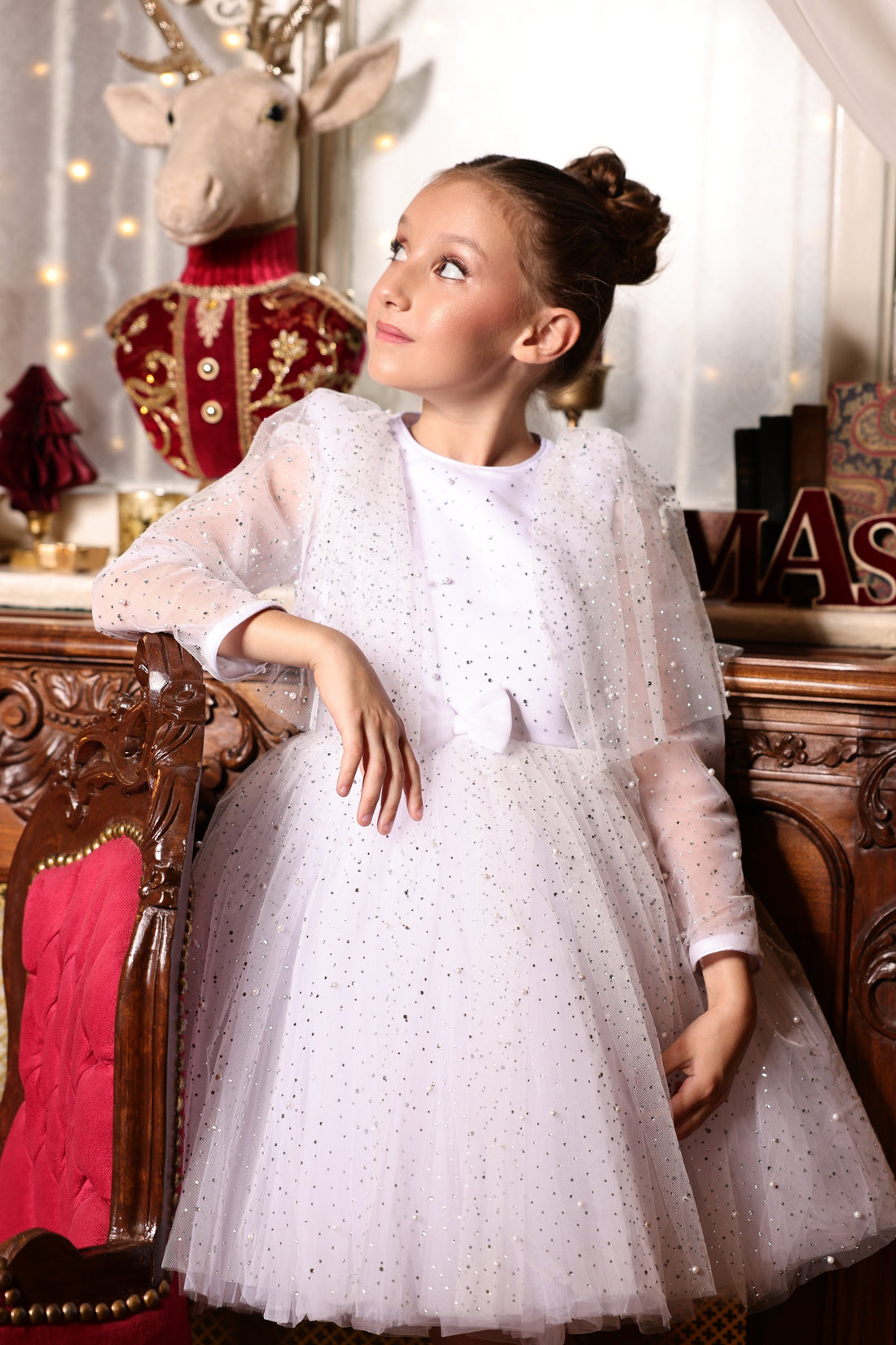 Amira Elegant Red Tulle Dress for Girls – Adorned with Shimmering Crystals