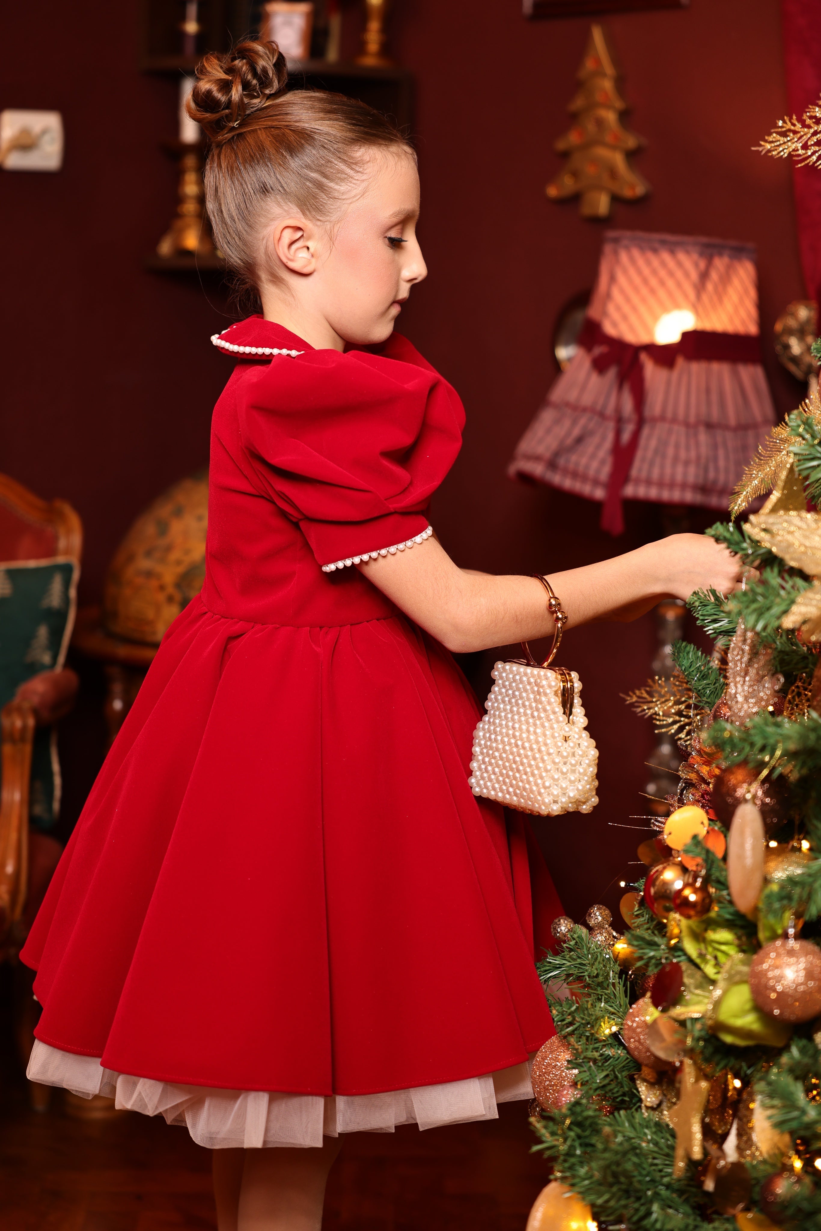 Zayla Elegant Red Velvet and White Tulle Dress – Pearl and Bow Accents