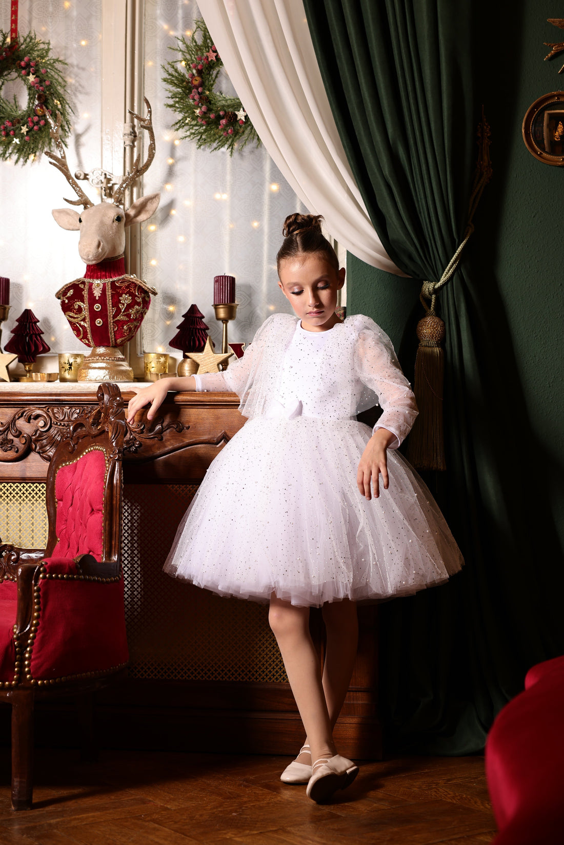 Amira Elegant Red Tulle Dress for Girls – Adorned with Shimmering Crystals