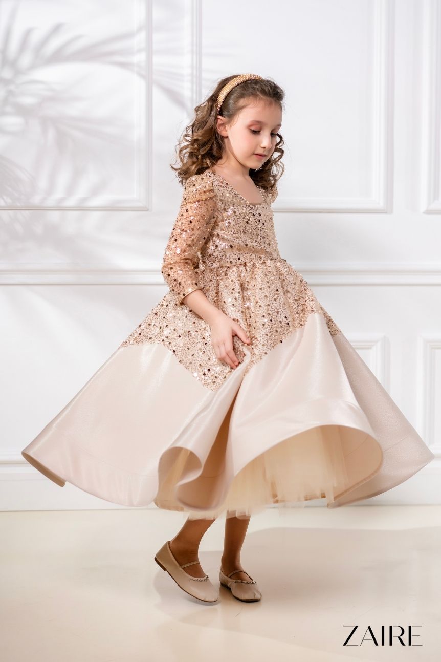 Alisa Elegant Golden Midi Gown – Glitter Taffeta and Pearl-Embroidered Gold Lace