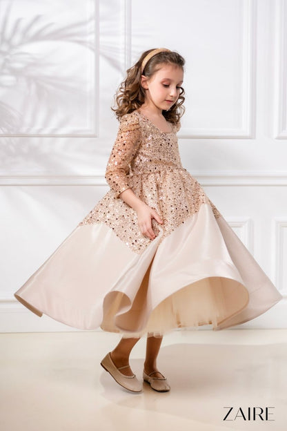 Alisa Elegant Golden Midi Gown – Glitter Taffeta and Pearl-Embroidered Gold Lace