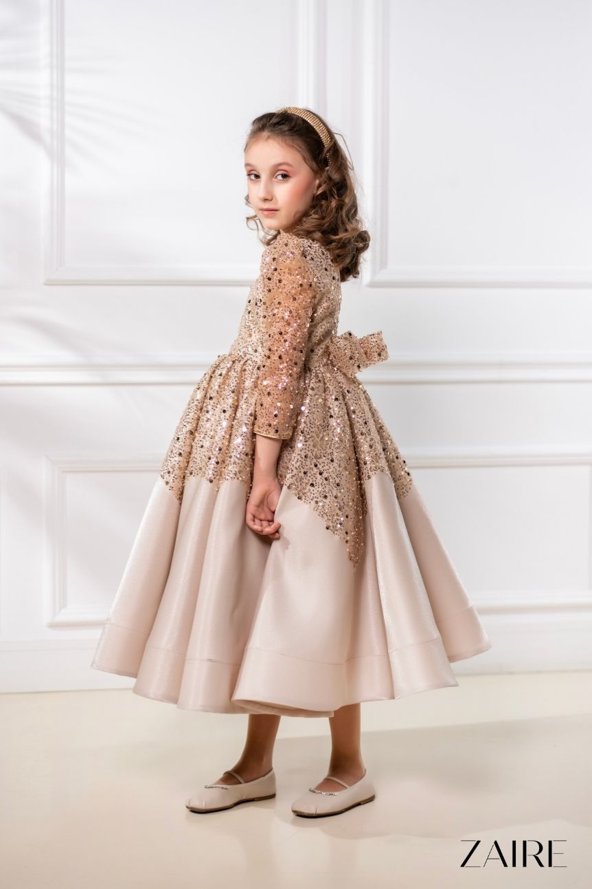 Alisa Elegant Golden Midi Gown – Glitter Taffeta and Pearl-Embroidered Gold Lace