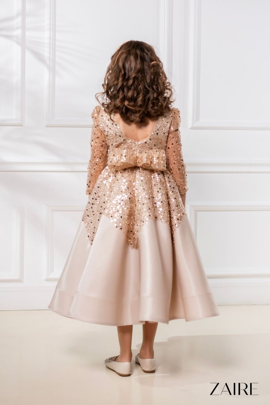 Alisa Elegant Golden Midi Gown – Glitter Taffeta and Pearl-Embroidered Gold Lace