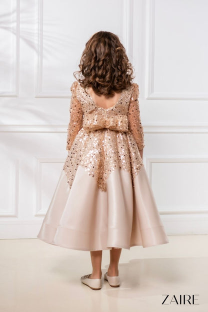 Alisa Elegant Golden Midi Gown – Glitter Taffeta and Pearl-Embroidered Gold Lace