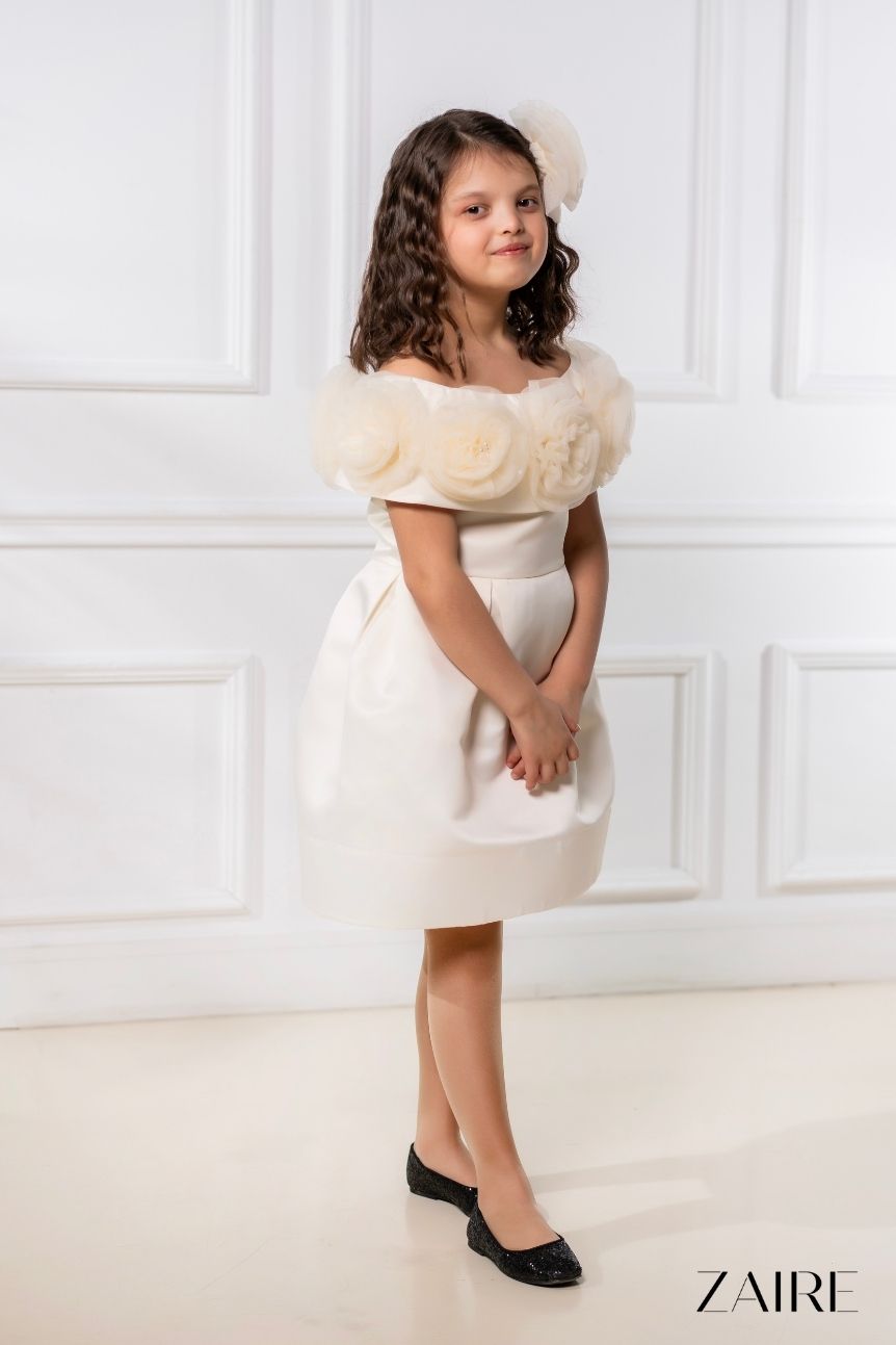Ella Elegant Cream Ceremony Dress for Girls – Premium Taffeta with Handmade Tulle Flowers