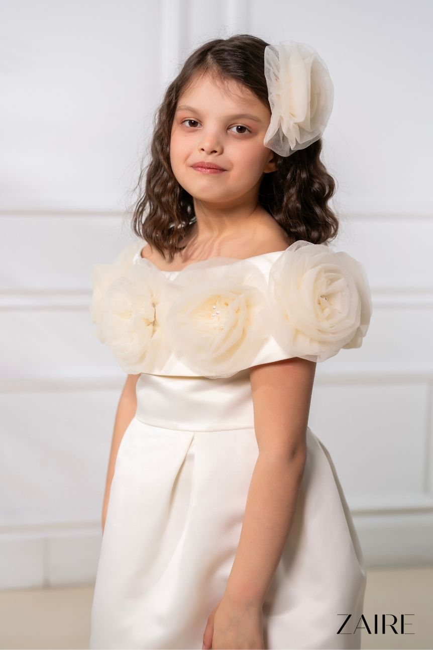 Ella Elegant Cream Ceremony Dress for Girls – Premium Taffeta with Handmade Tulle Flowers