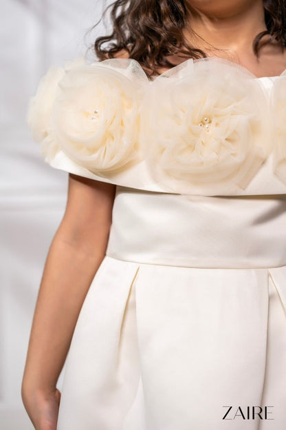Ella Elegant Cream Ceremony Dress for Girls – Premium Taffeta with Handmade Tulle Flowers