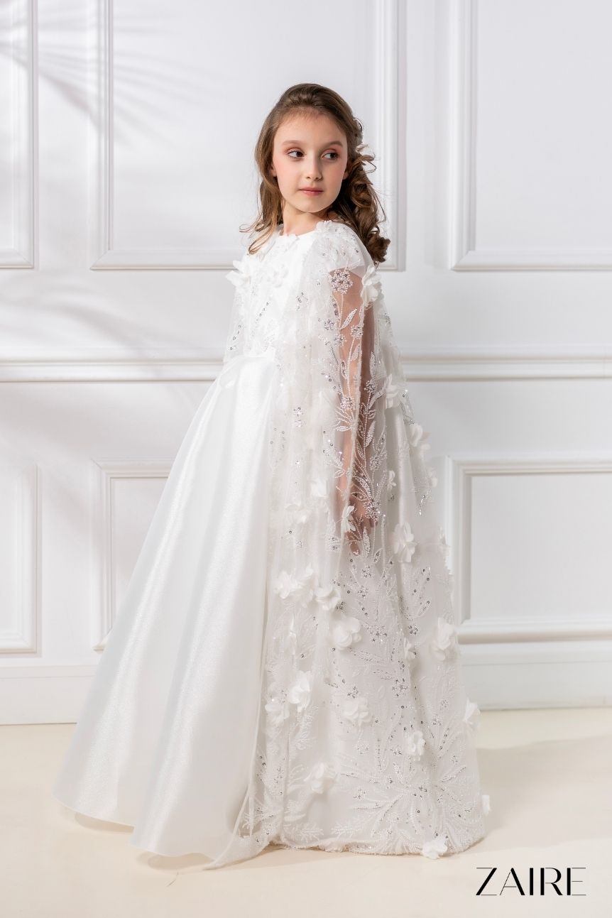 Anastasia Long White Princess Gown for Girls – Organza Skirt and Detachable 3D Floral Lace Cape