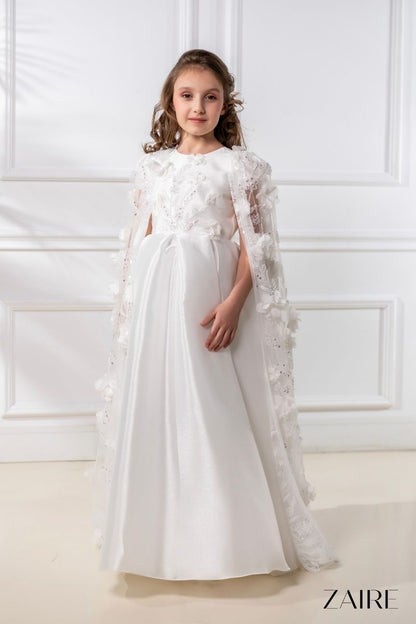 Anastasia Long White Princess Gown for Girls – Organza Skirt and Detachable 3D Floral Lace Cape
