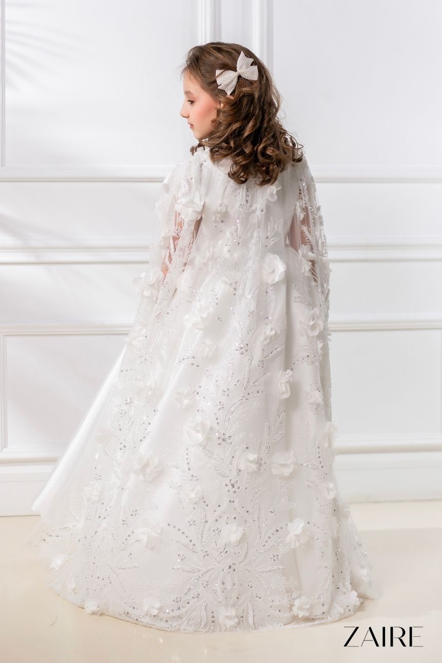 Anastasia Long White Princess Gown for Girls – Organza Skirt and Detachable 3D Floral Lace Cape