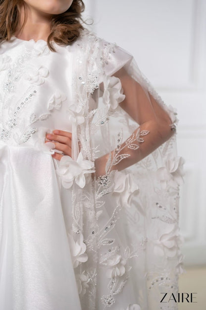 Anastasia Long White Princess Gown for Girls – Organza Skirt and Detachable 3D Floral Lace Cape