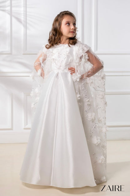 Anastasia Long White Princess Gown for Girls – Organza Skirt and Detachable 3D Floral Lace Cape