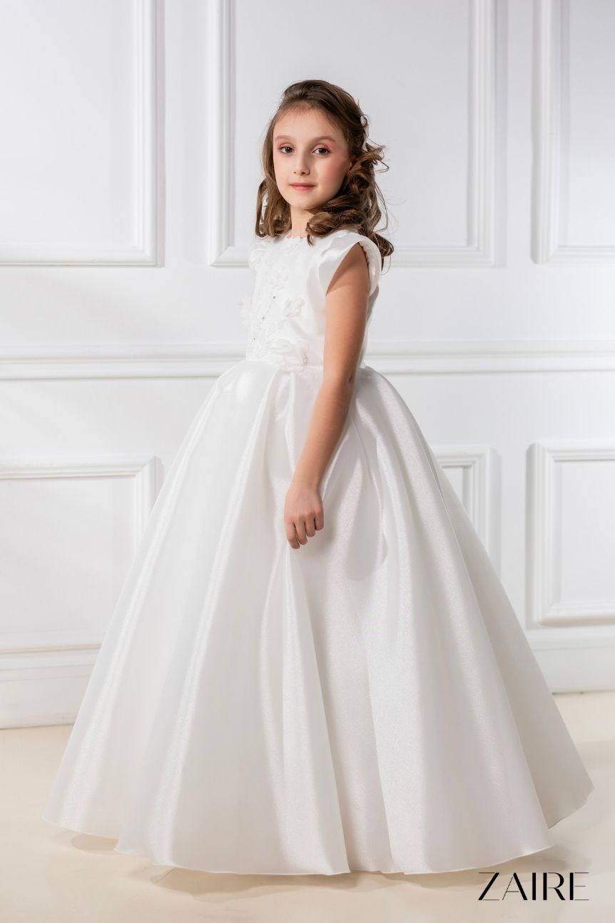Anastasia Long White Princess Gown for Girls – Organza Skirt and Detachable 3D Floral Lace Cape