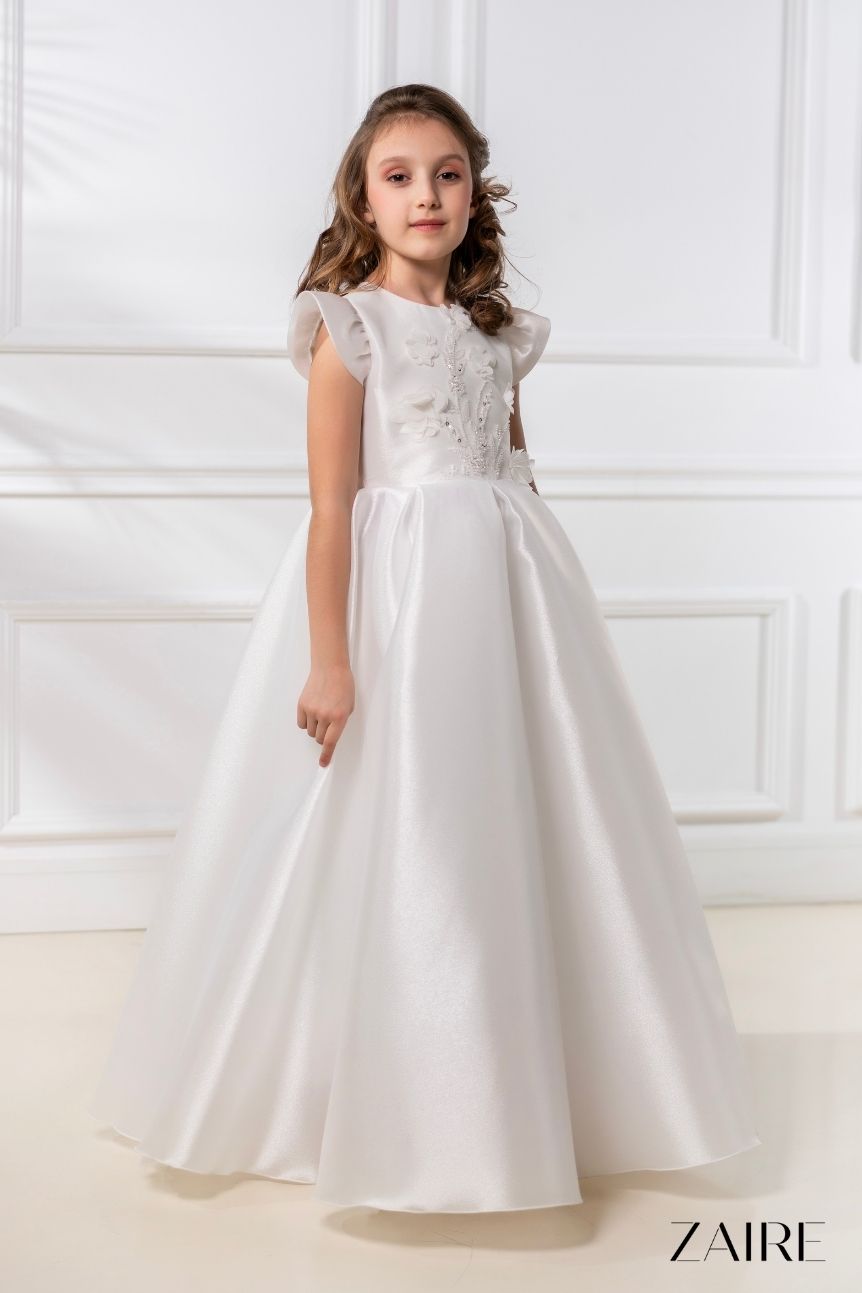 Anastasia Long White Princess Gown for Girls – Organza Skirt and Detachable 3D Floral Lace Cape