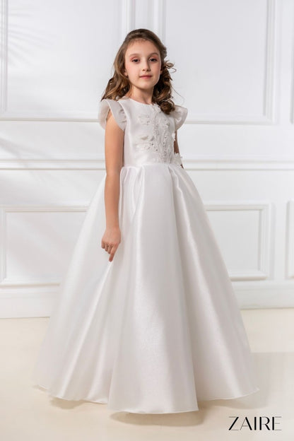 Anastasia Long White Princess Gown for Girls – Organza Skirt and Detachable 3D Floral Lace Cape