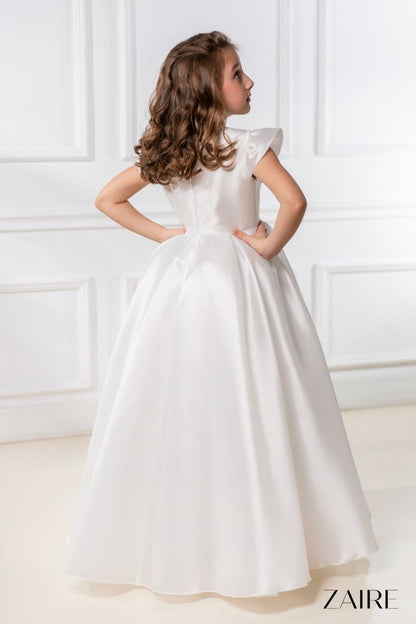 Anastasia Long White Princess Gown for Girls – Organza Skirt and Detachable 3D Floral Lace Cape