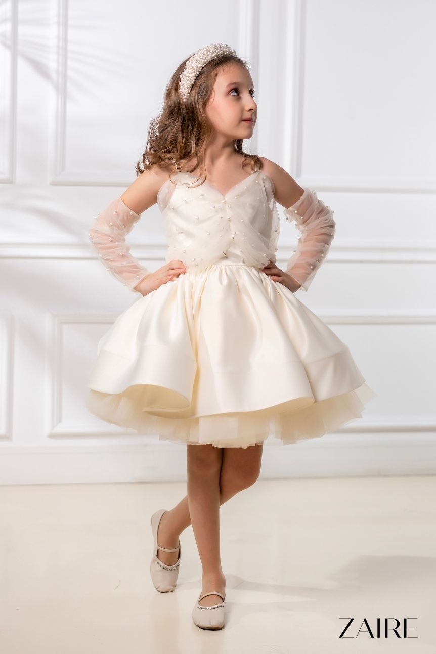 Noemi Elegant Cream Ceremony Dress for Girls – Taffeta and Pearl-Embellished Tulle Set with Gloves